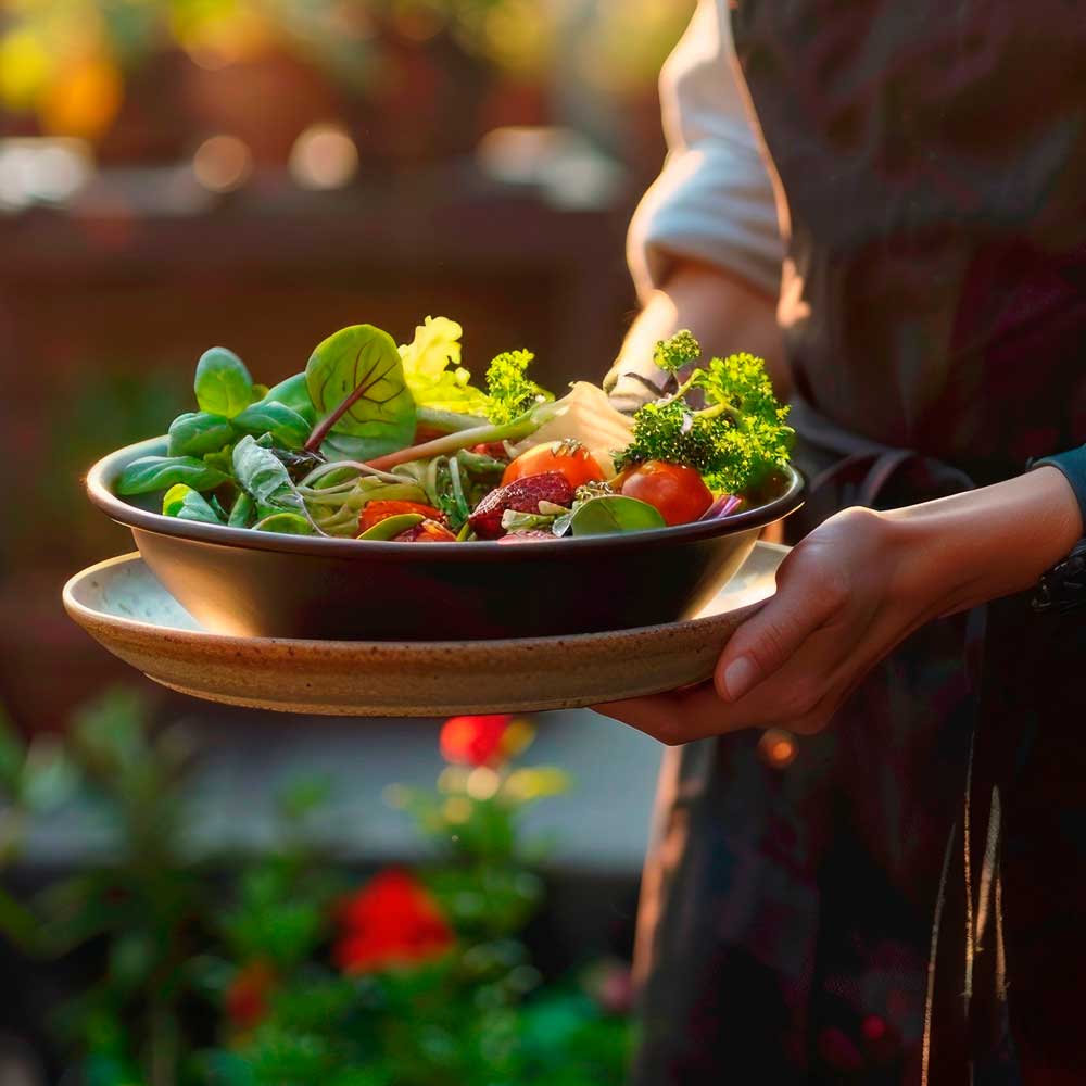 In der Gastronomie bringt ein Kellner einen Teller Salat