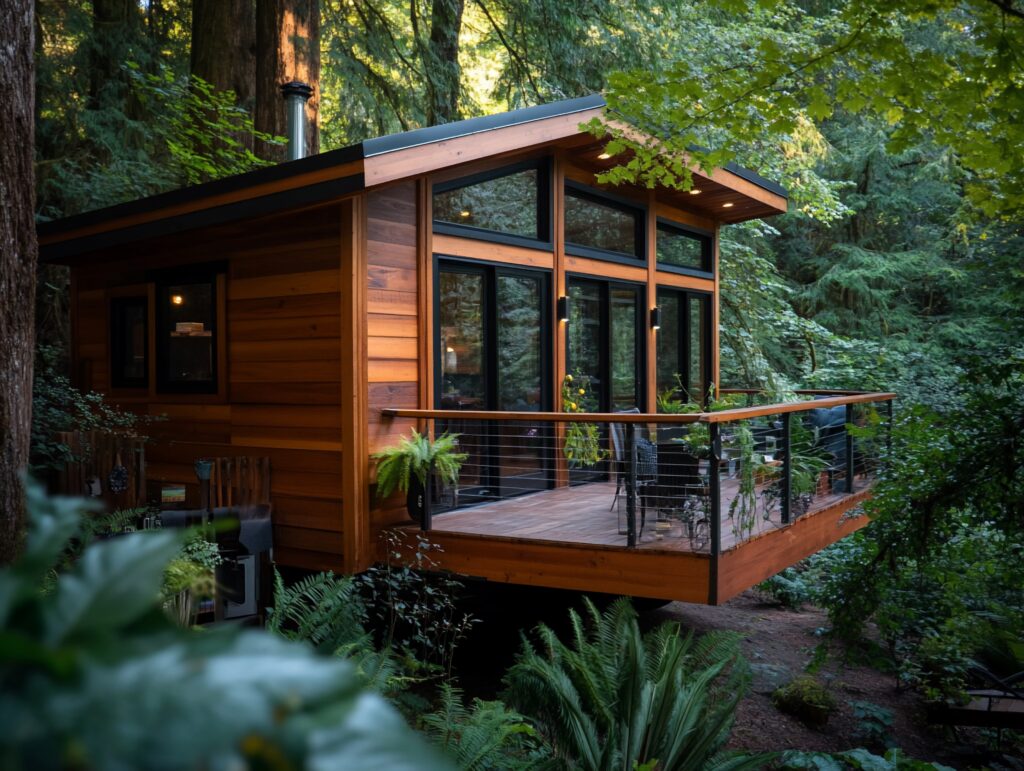 Modern cabin nestled amongst lush greenery with a spacious deck and large windows.