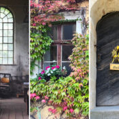 Bildcollage 3 Bilder Hochkant aus Carlswerk Mägdesprung Industriedenkmal, Fenster mit buntem Wein Schloss Ballenstedt und Holztür mit Kranz und Geöffnet-Schild Konradsburg Ermsleben