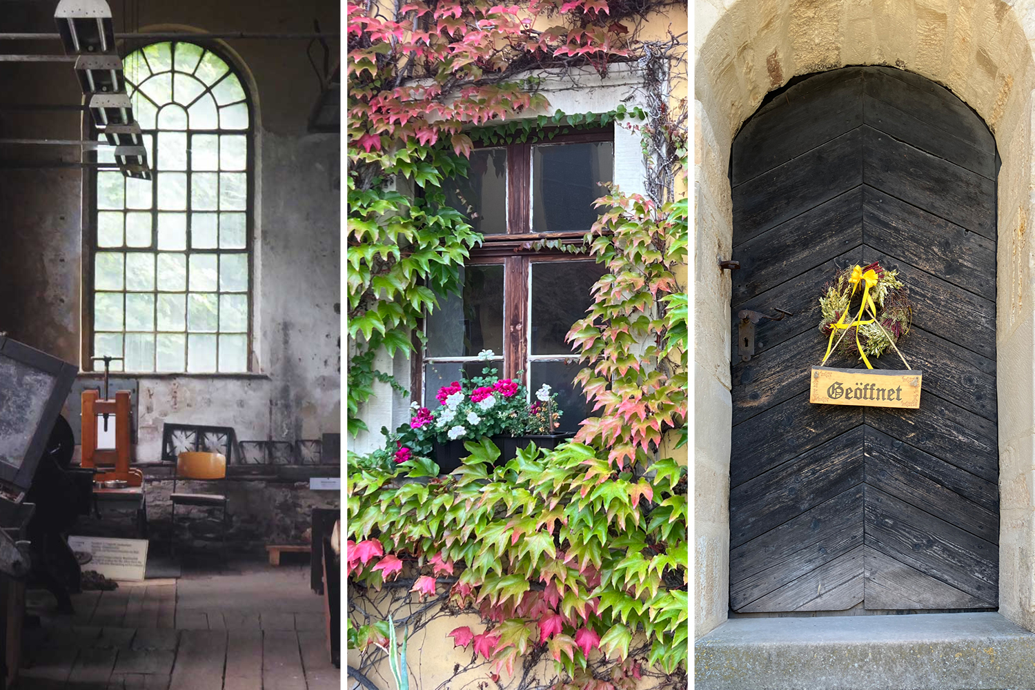 Bildcollage 3 Bilder Hochkant aus Carlswerk Mägdesprung Industriedenkmal, Fenster mit buntem Wein Schloss Ballenstedt und Holztür mit Kranz und Geöffnet-Schild Konradsburg Ermsleben